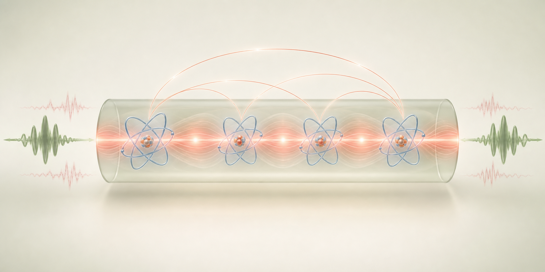 Four atoms coupled through a shared quantum field in a nonlinear waveguide
