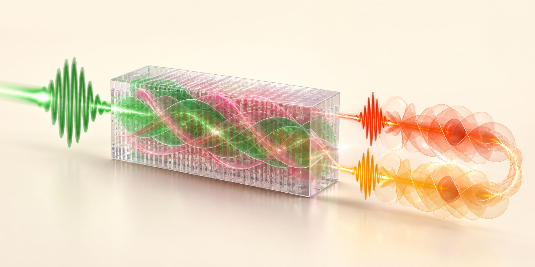 A green pump entering a designed nonlinear crystal and generating a shaped pair of correlated photons